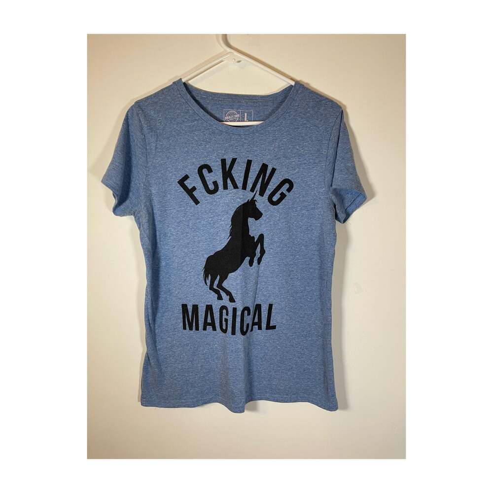 Crazy Dog Women's Fcking Magical Unicorn Graphic Tee Light Blue Large